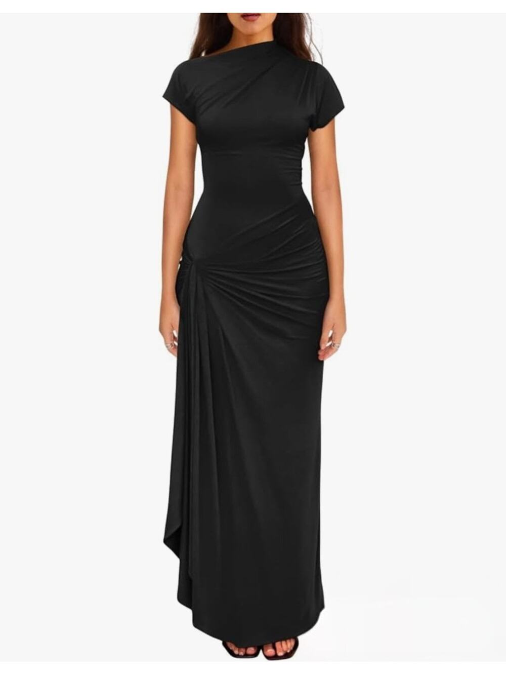 Womens Black Ruched Bodycon Maxi Dress Boat Neck Short Sleeve Size Small